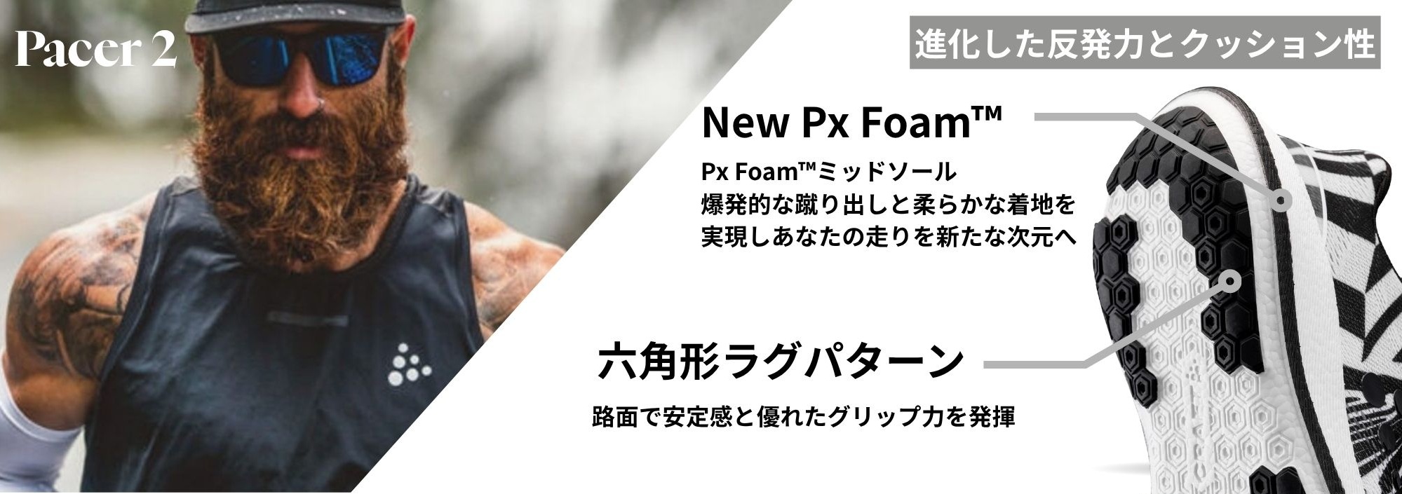 ゼブラ柄のランニングシューズ「Pacer 2」とランナーのTommy RivsそしてPx Foam™と六角形ラグパターンが特長のソール構造